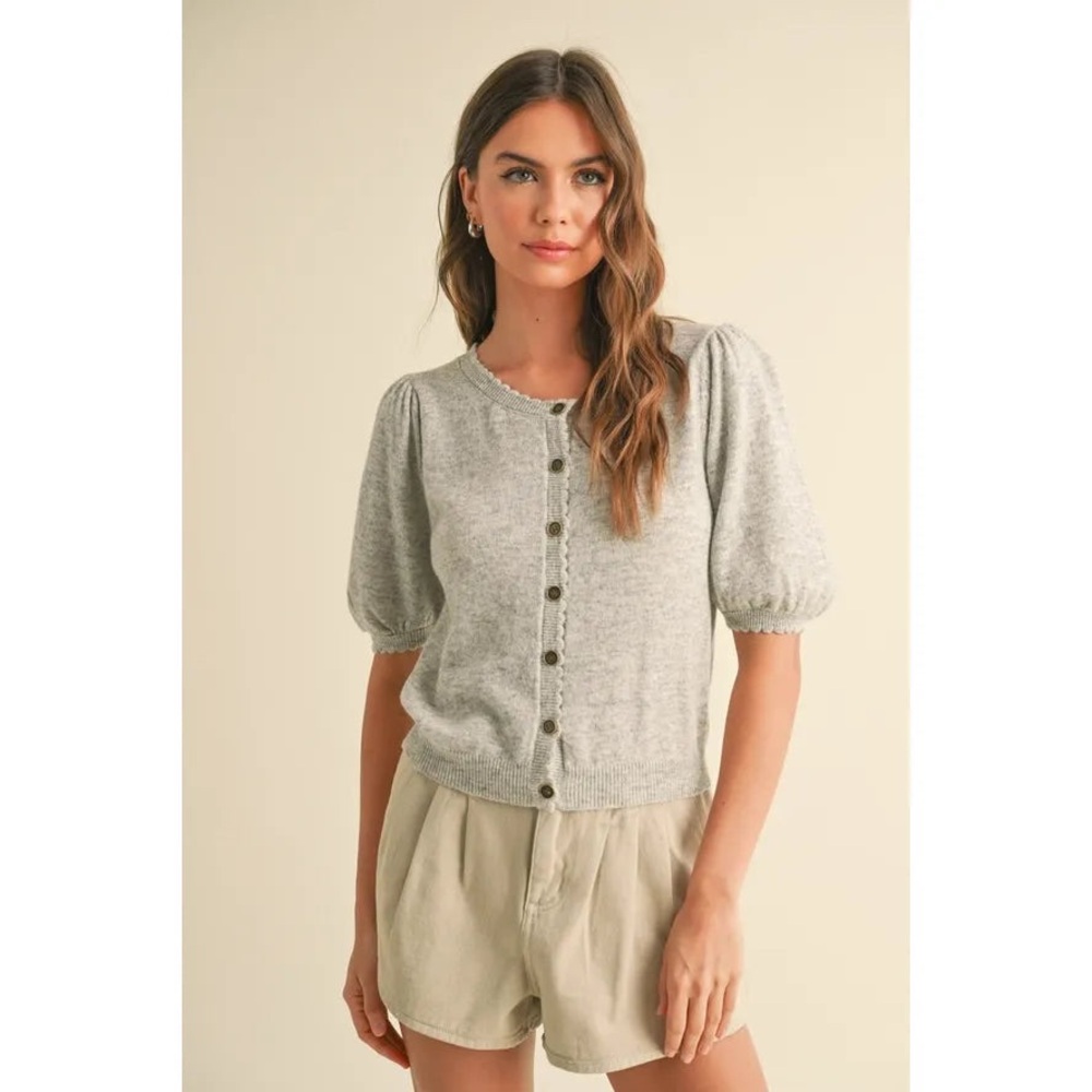 Miou Muse Grey Wool Blend Short Puff Sleeve Cardigan with Scalloped Details